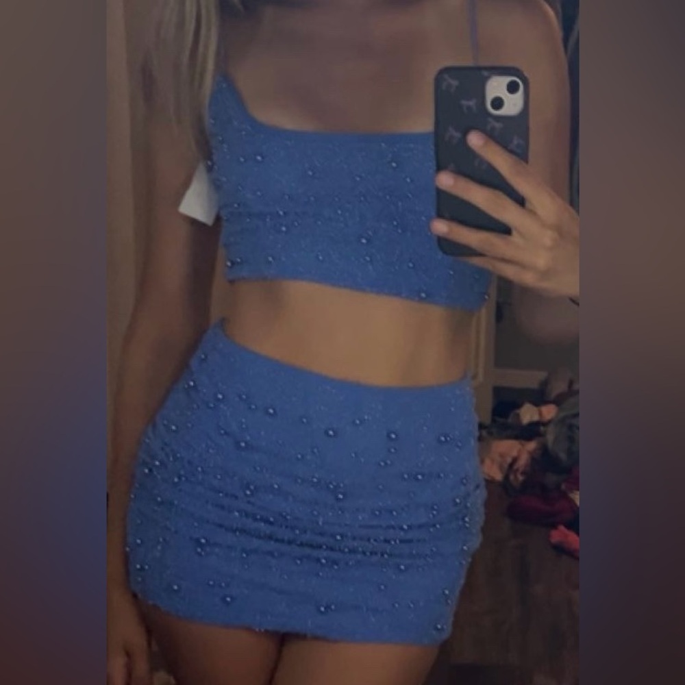 Blue Ruched Mini Pencil Dress Set